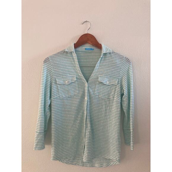 J. McLaughlin Brynn Stripe Linen Long Sleeve Jersey Top Button Shirt Aqua Mint S - Picture 4 of 10